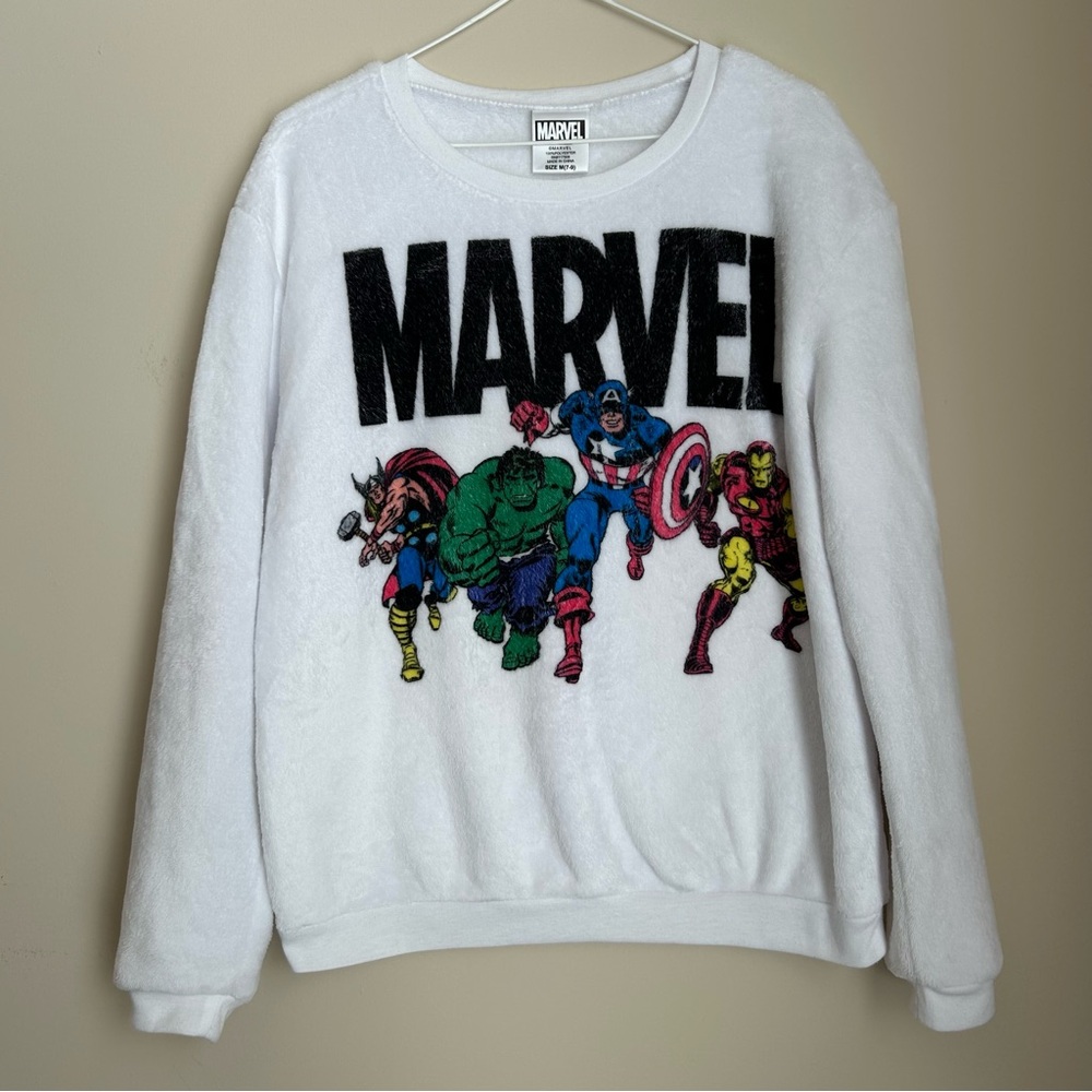 MARVEL Comics Avengers White Graphic Soft Fleece Pullover Sweatshirt Sz M (7-9)